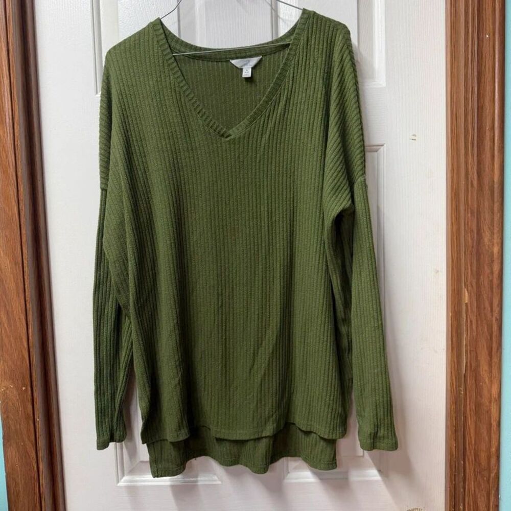 Olive Green Ribbed V-Neck Long Sleeve Top time and tru S
